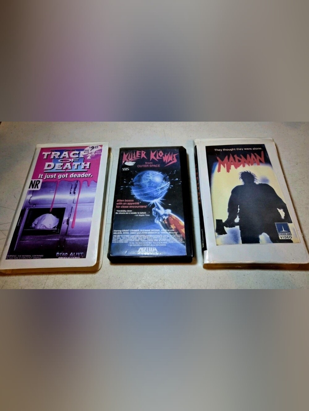 (SOLD)Horror Vhs Cut-Out Box Clamshell Movie Lot | Klowns/Madman/Traces 2